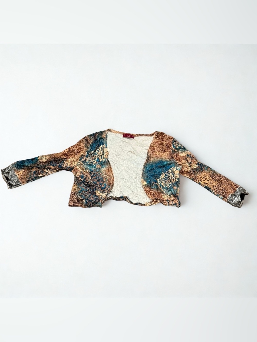 Kisca Gold & Blue Velvet Crinkled Crop Blazer with Silver Cuffs, Size 1 (small).